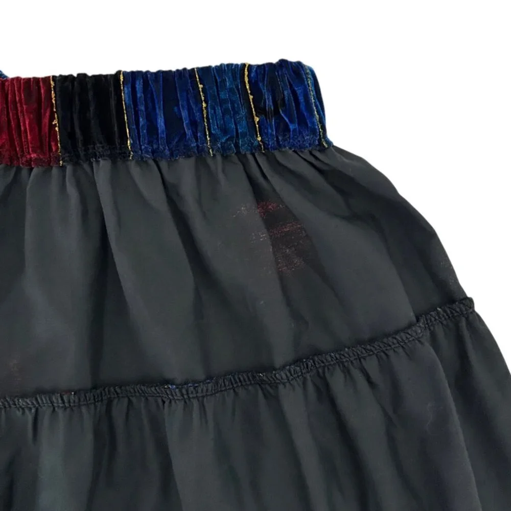 Vintage Velvet Burnout Patchwork Holiday Flowy Tiered Ruffled Maxi Skirt (S/M)